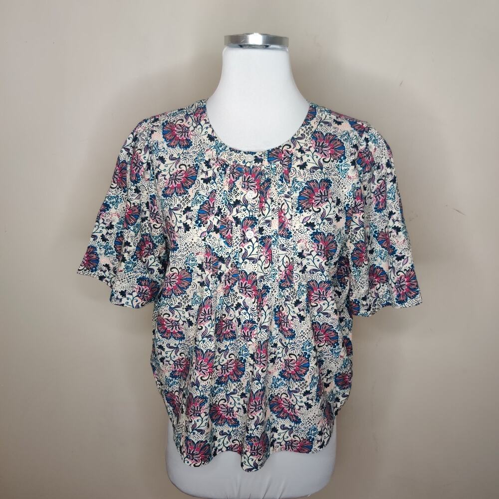 Evereve Floral Shirt Top Short‎ Sleeve Cotton Henley